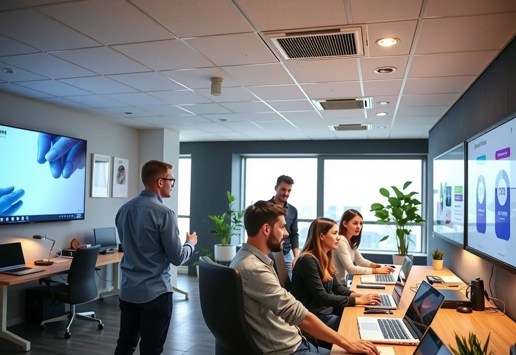 Modern office with team collaborating on future tech