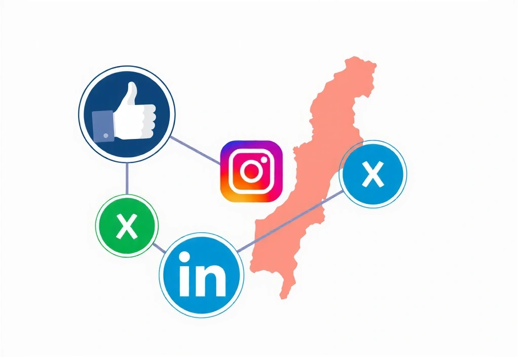 A vibrant infographic showing social media icons connected by lines, with a map of Bahrain subtly in the background, representing business growth.