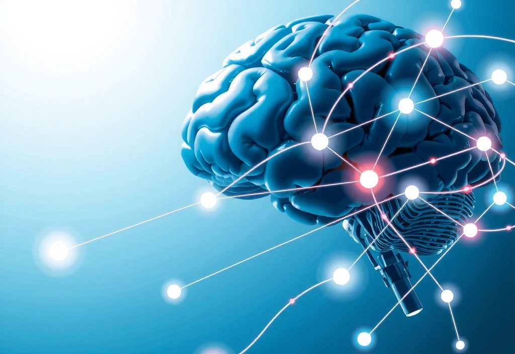 A stylized AI brain with glowing connections, representing the intersection of artificial intelligence and search engine optimization.