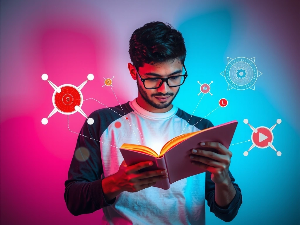 A person reading an e-book or tablet with a futuristic, clean interface, surrounded by abstract digital elements, emphasizing learning and knowledge acquisition in the digital age.