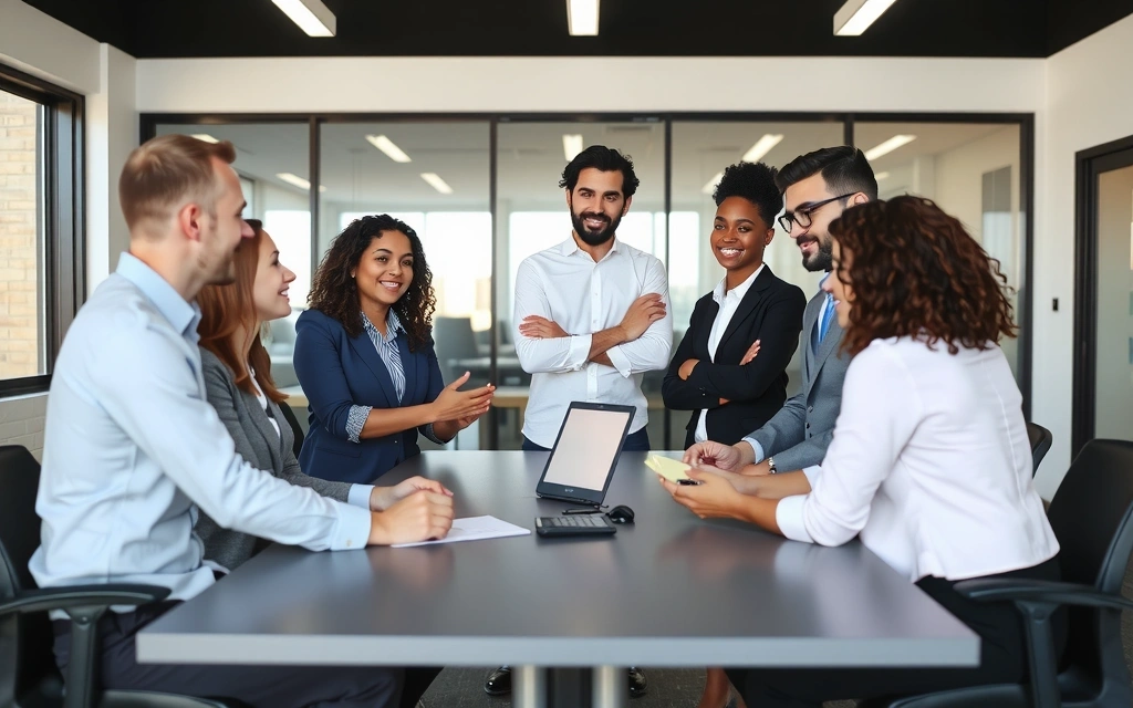 A group of diverse professionals having a lively discussion around a table in a modern office