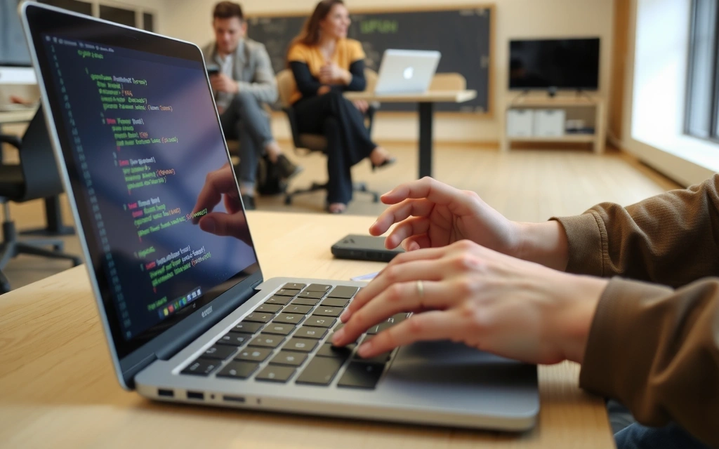 A person typing on a laptop with code on the screen, reflecting a tech job