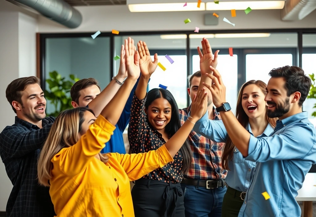 Diverse group of employees celebrating success