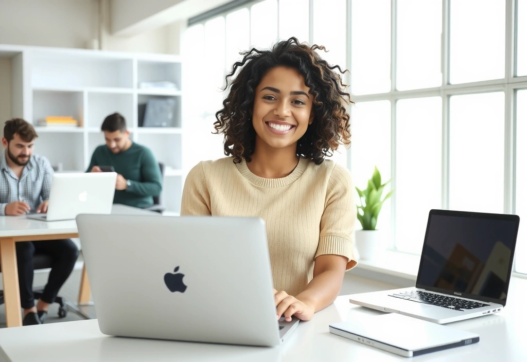 Woman working on a laptop with a modern office background