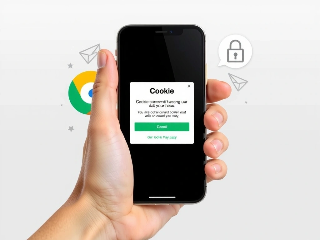 A hand holding a smartphone with a cookie consent pop-up on the screen, surrounded by abstract data elements and privacy symbols