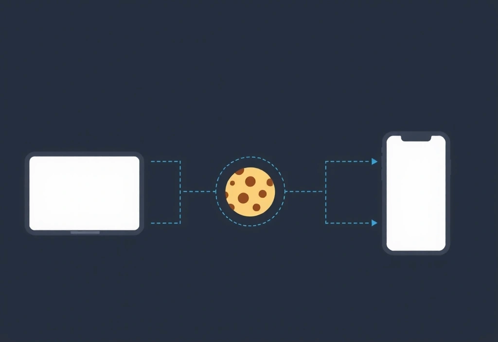 Conceptual image of a small cookie icon representing data, connected to a laptop and smartphone screens with lines, symbolizing web browsing and data storage