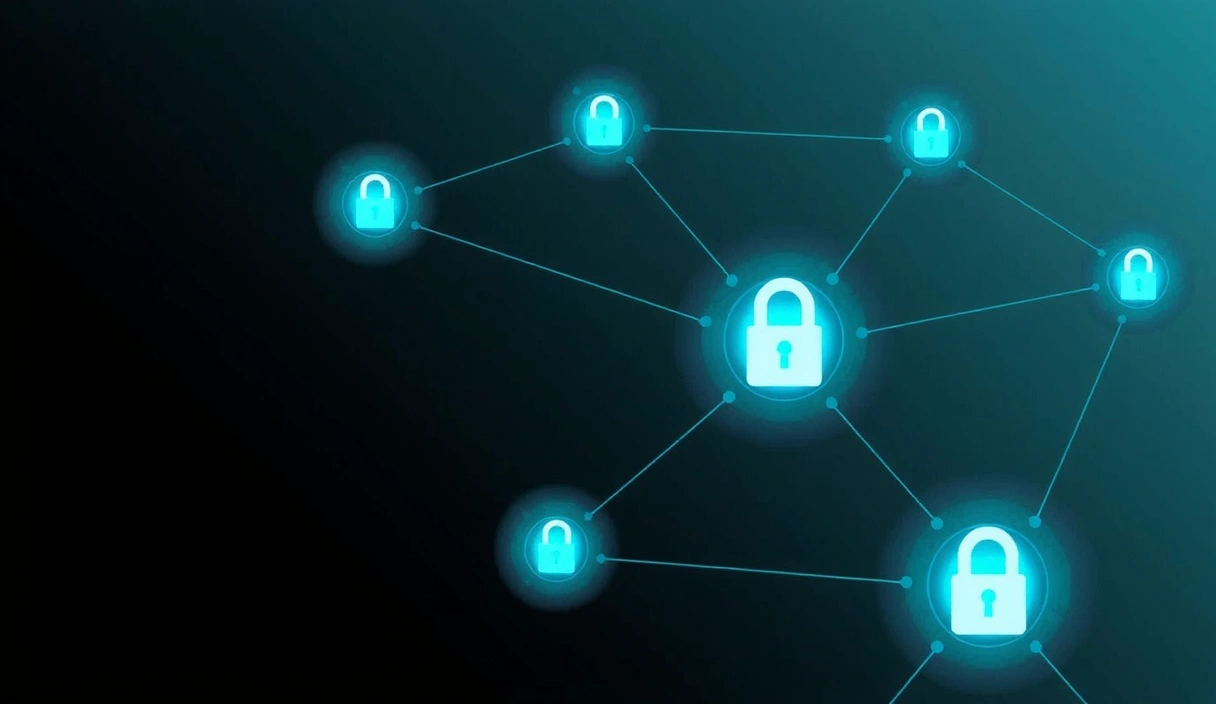 Secure data sharing concept with interconnected nodes and encryption icons