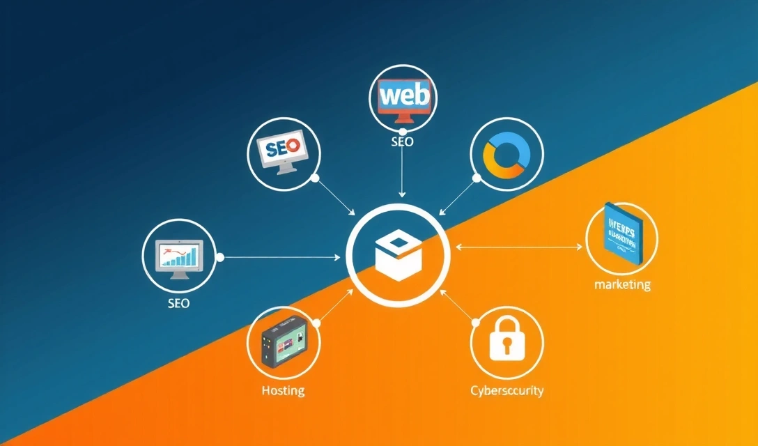 Diagram showing interconnected digital services like web development, SEO, and marketing