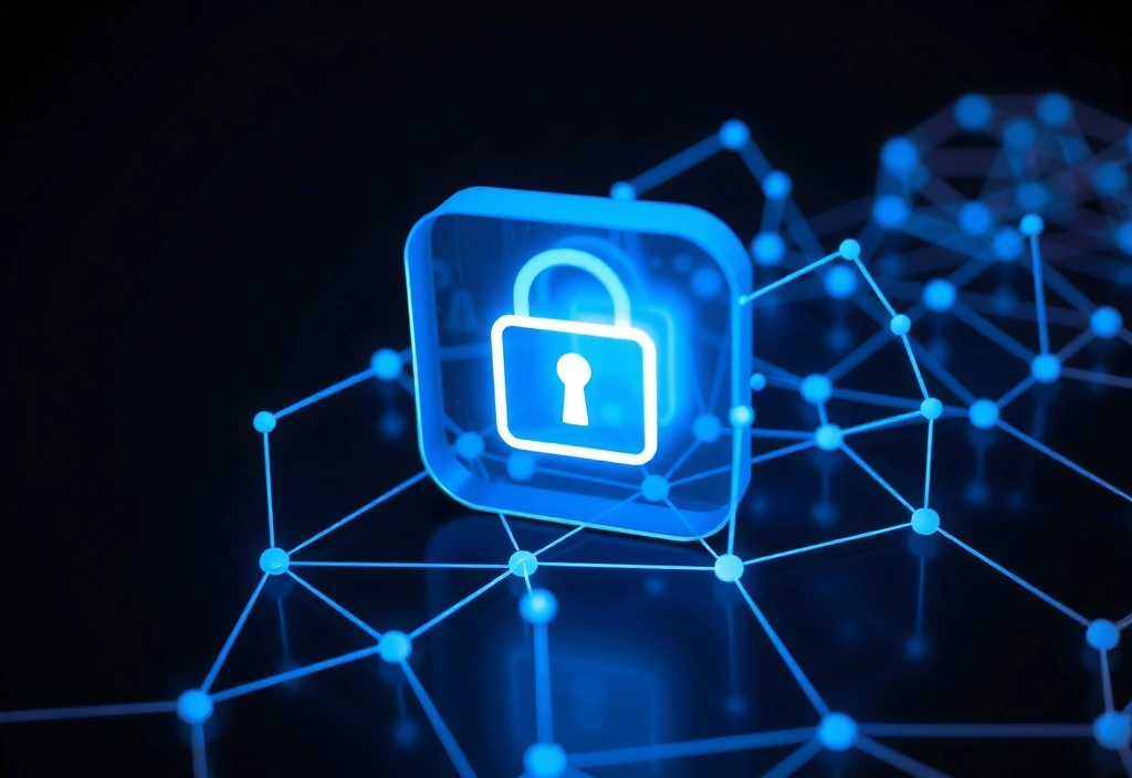 Digital padlock icon over a glowing network grid, symbolizing cybersecurity