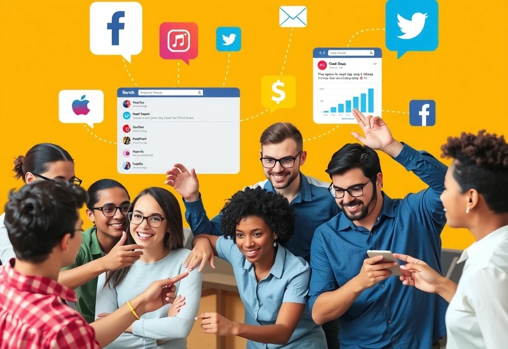 Diverse group of people interacting with various digital marketing channels