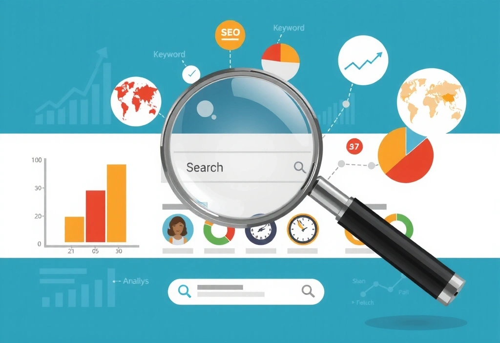 Magnifying glass over a search engine results page with charts and graphs