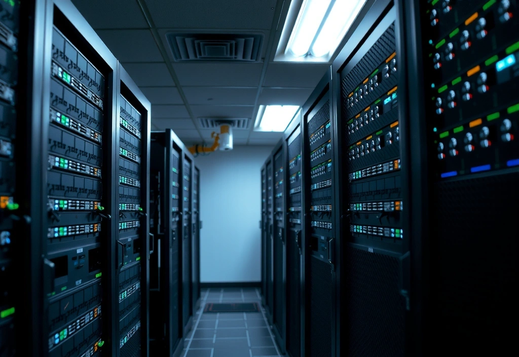 Server racks in a data center glowing with blue lights